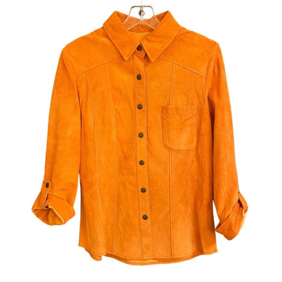 Coldwater Creek Shirt Women's Medium Orange 100% Leather Snap Closure Shacket - Picture 1 of 9